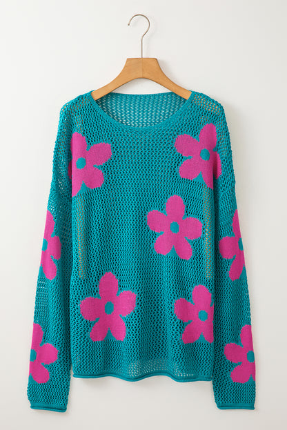 Big Flower Hollowed Knit Drop Shoulder Sweater | Sea Green