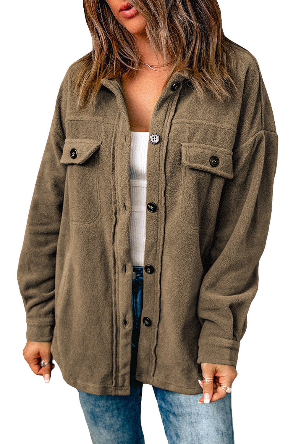 Turn Down Collar Buttoned Shirt Jacket | Green