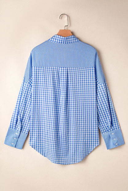 Plaid Patchwork Button Up Long Sleeve Shirt | Sky Blue Stripe