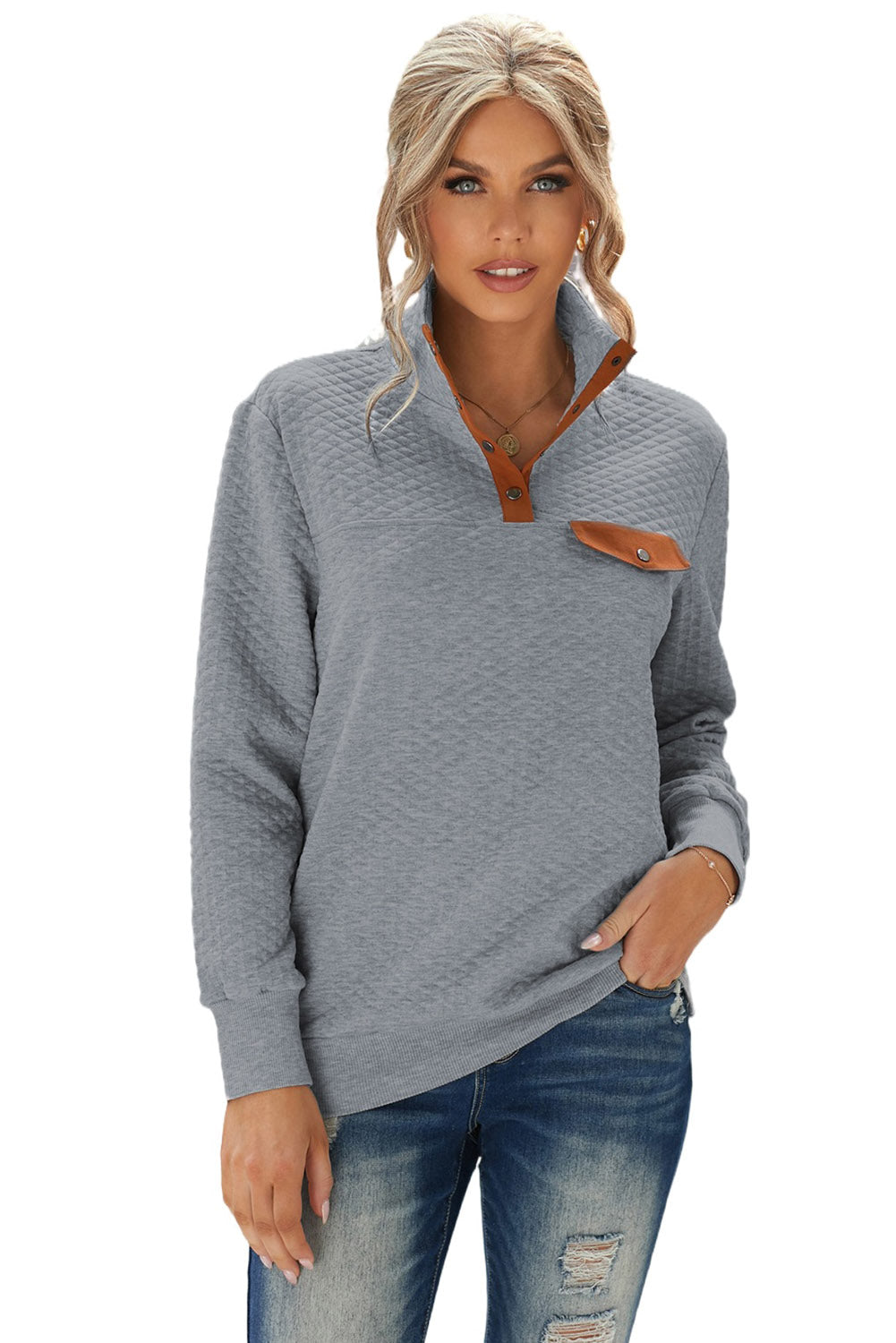 Quilted Snaps Stand Neck Pullover Sweatshirt With Fake Front Pocket | Gray