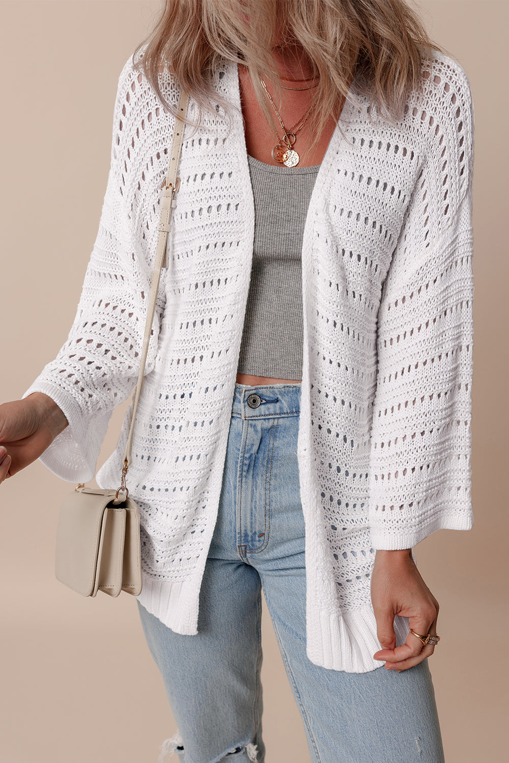 Pointelle Knit Bracelet Sleeve Open Cardigan | White