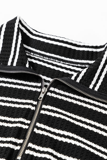 Textured Quarter Zip Collar Long Sleeve Top | Black Stripe