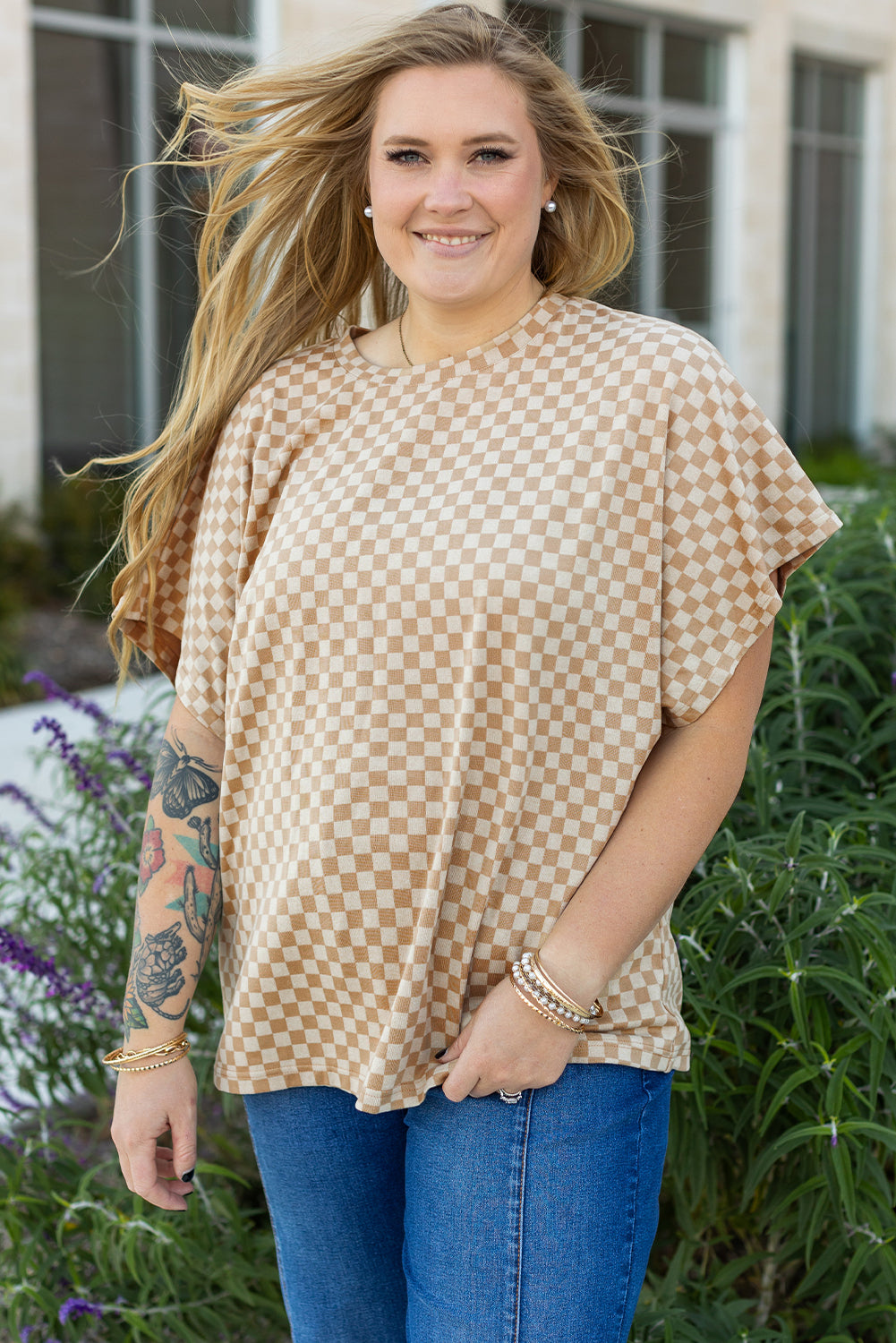 Checkerboard Short Batwing Sleeve Round Neck Plus Size T Shirt | Khaki