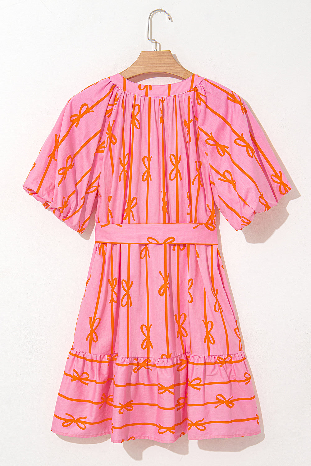 Bowknot Striped Printed Bubble Sleeve Buttoned Belted Mini Dress | Pink