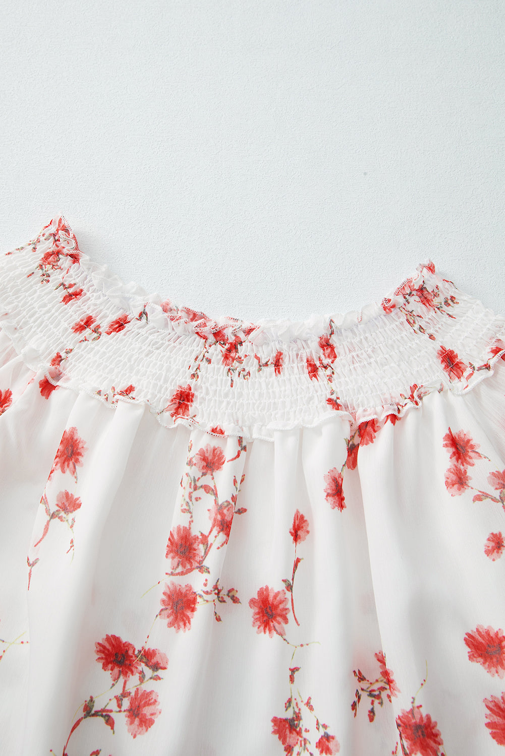 Floral Print Shirred Off Shoulder Ruffled Sleeve Blouse | White