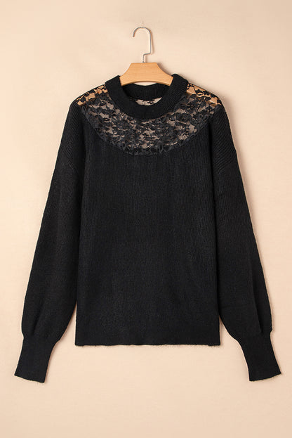 Plus Size Ribbed Knit Lace Splicing High Neck Sweater | Black