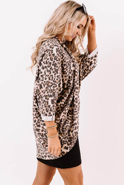 Leopard Print Batwing Sleeve Loose Tunic Cardigan | Khaki