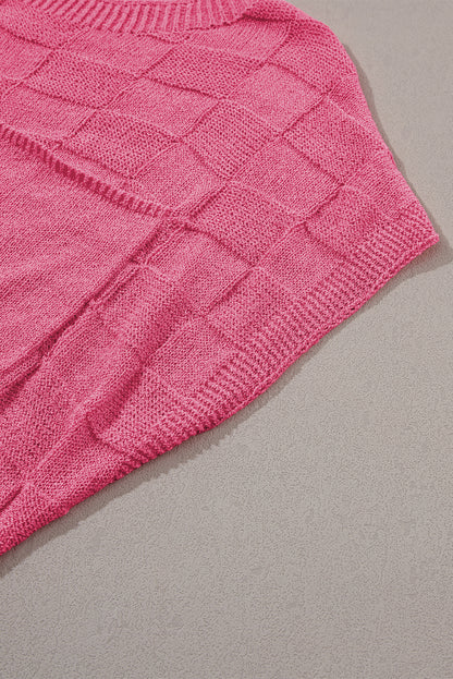 Lattice Textured Knit Short Sleeve Sweater | Bright Pink