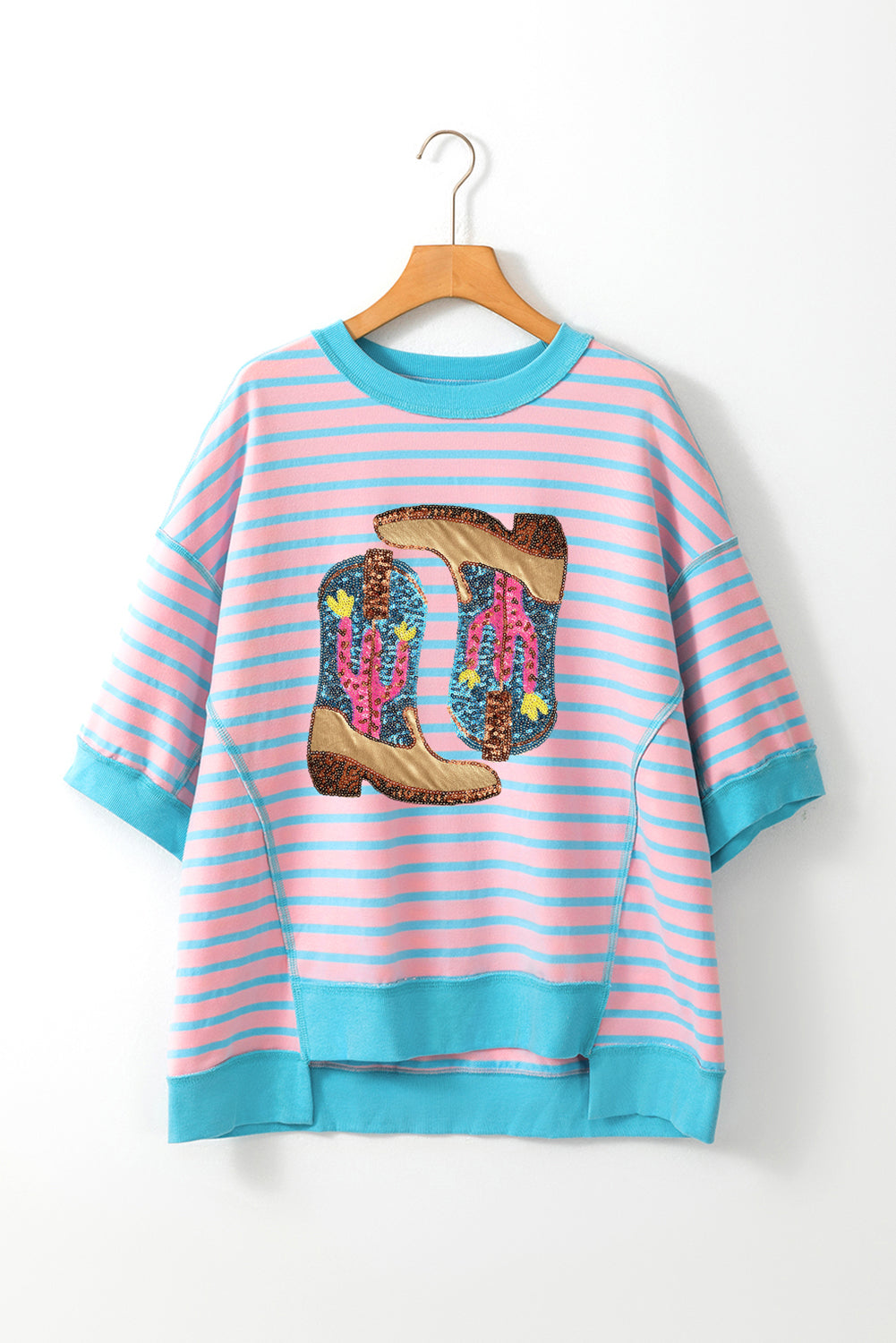 Sequin Western Cactus Boots Graphic Half Sleeve T Shirt | Pink Stripe