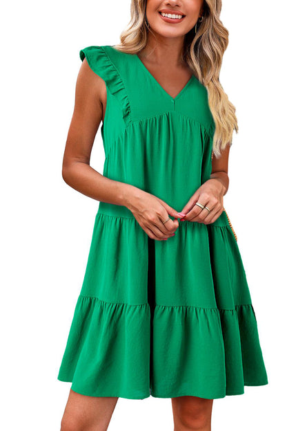 Solid Colour V Neck Ruffle Tiered Mini Dress | Bright Green