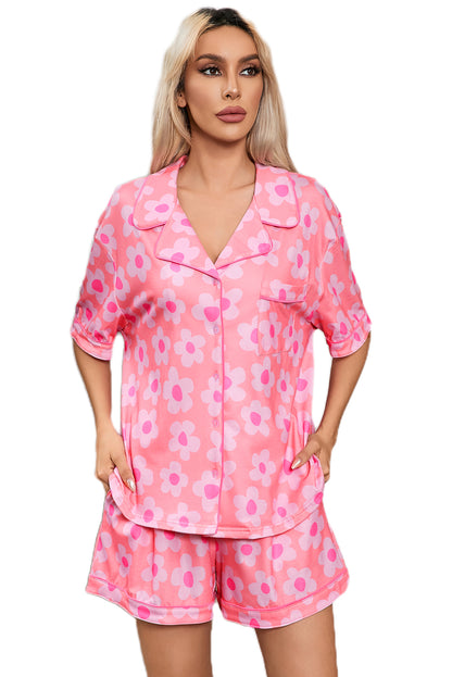 Flower Print Short Sleeve Shirt Pajamas Set | Pink