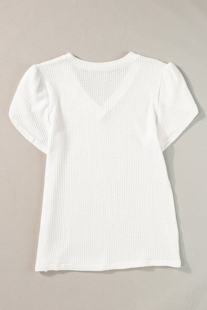 V Neck Petal Sleeve Waffle Knit T-Shirt | White