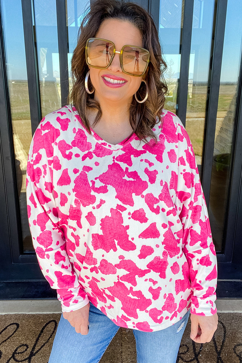 Animal Print Long Sleeve V Neck Plus Size Top | Rose