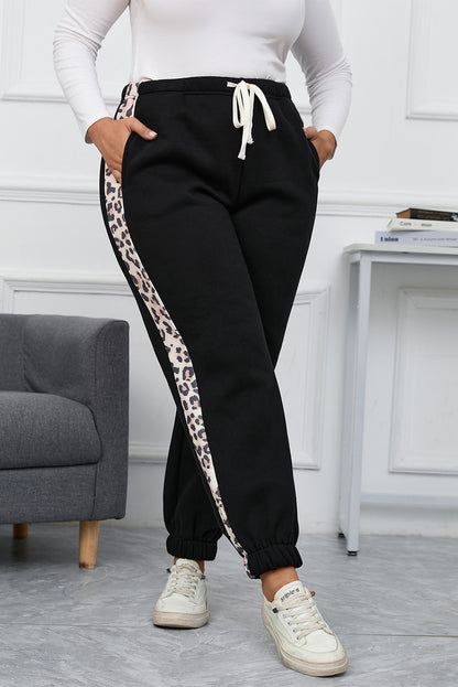 Plus Size Contrast Leopard Side Panel Joggers | Black