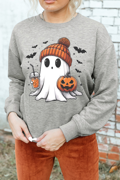 Halloween Ghost Print Crewneck Drop Shoulder Sweatshirt | Gray