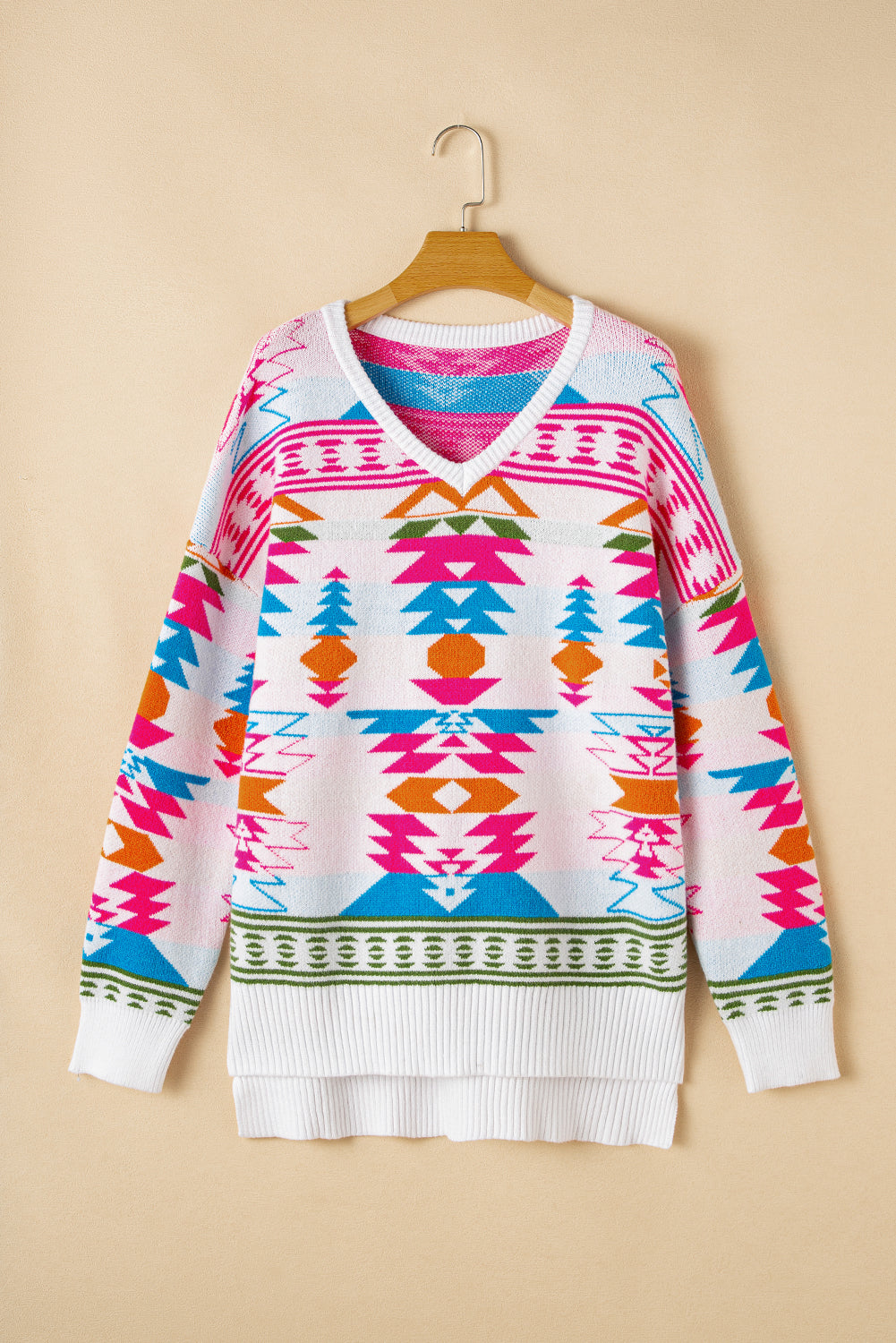 Oversize Aztec Print High Low V Neck Sweater | White