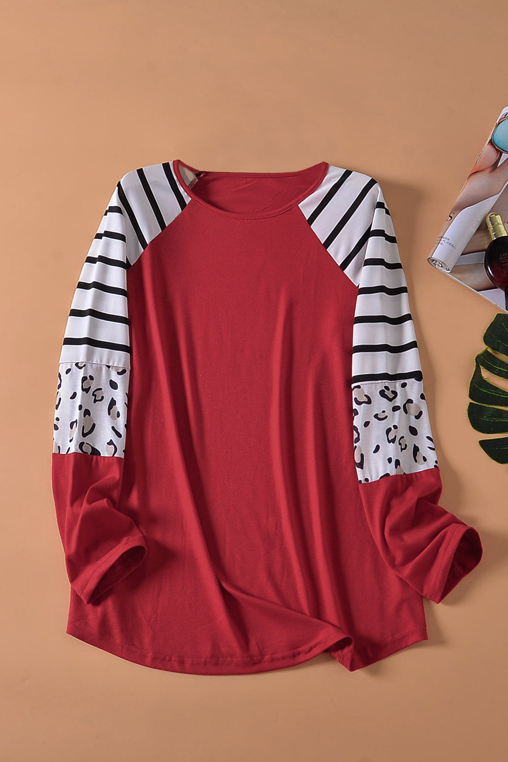 Striped Animal Print Colourblock Long Sleeve Top | Red