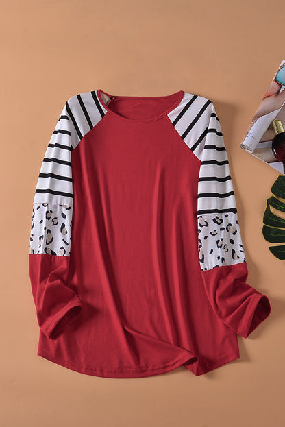 Striped Animal Print Colourblock Long Sleeve Top | Red