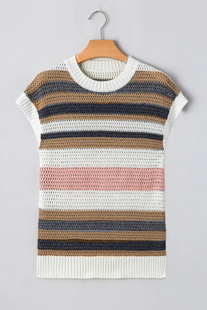 Colour Block Eyelet Knit Short Sleeve Sweater Tee | Pink Stripe