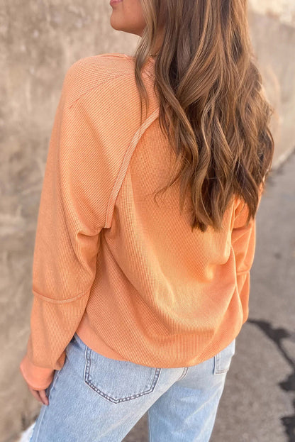 Solid Long Sleeve V Neck Corded Top | Orange