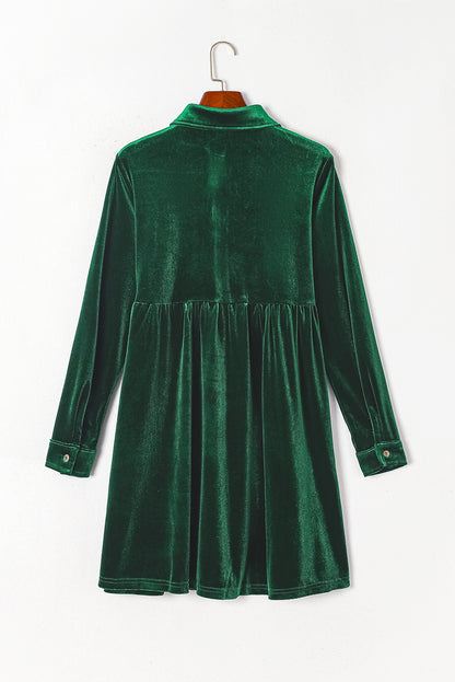 Long Sleeve Ruffle Velvet Button Up Dress | Green