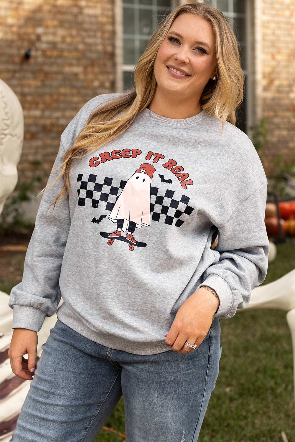 Creep It Real Ghost Print Plus Size Sweatshirt | Light Grey