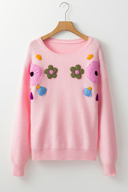 Knitted Flower Pattern Ribbed Edge Sweater | Pink