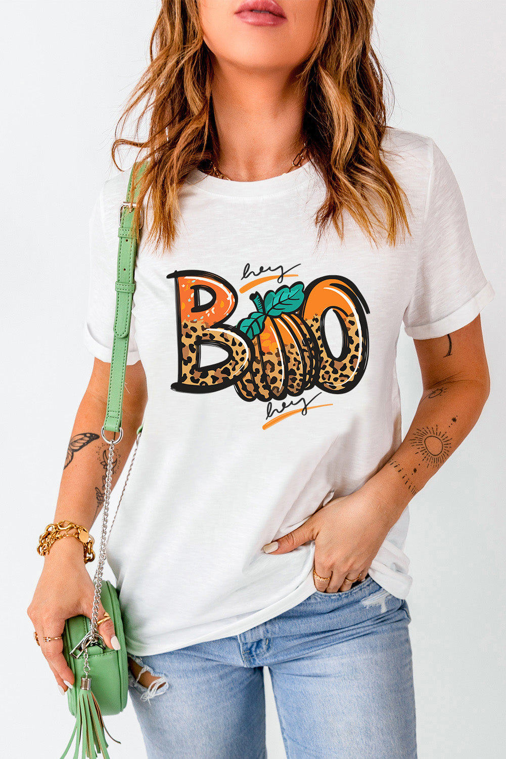 Boo Pumpkin Leopard Print Crew Neck T Shirt | White