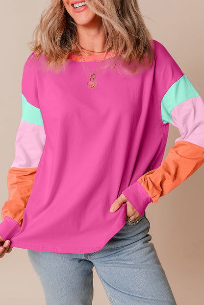 Colourblock Patchwork Long Sleeve Loose Top | Rose Red