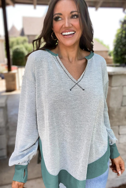 Exposed Seam Contrast Edge Notched Neck Sweatshirt | Laurel Green