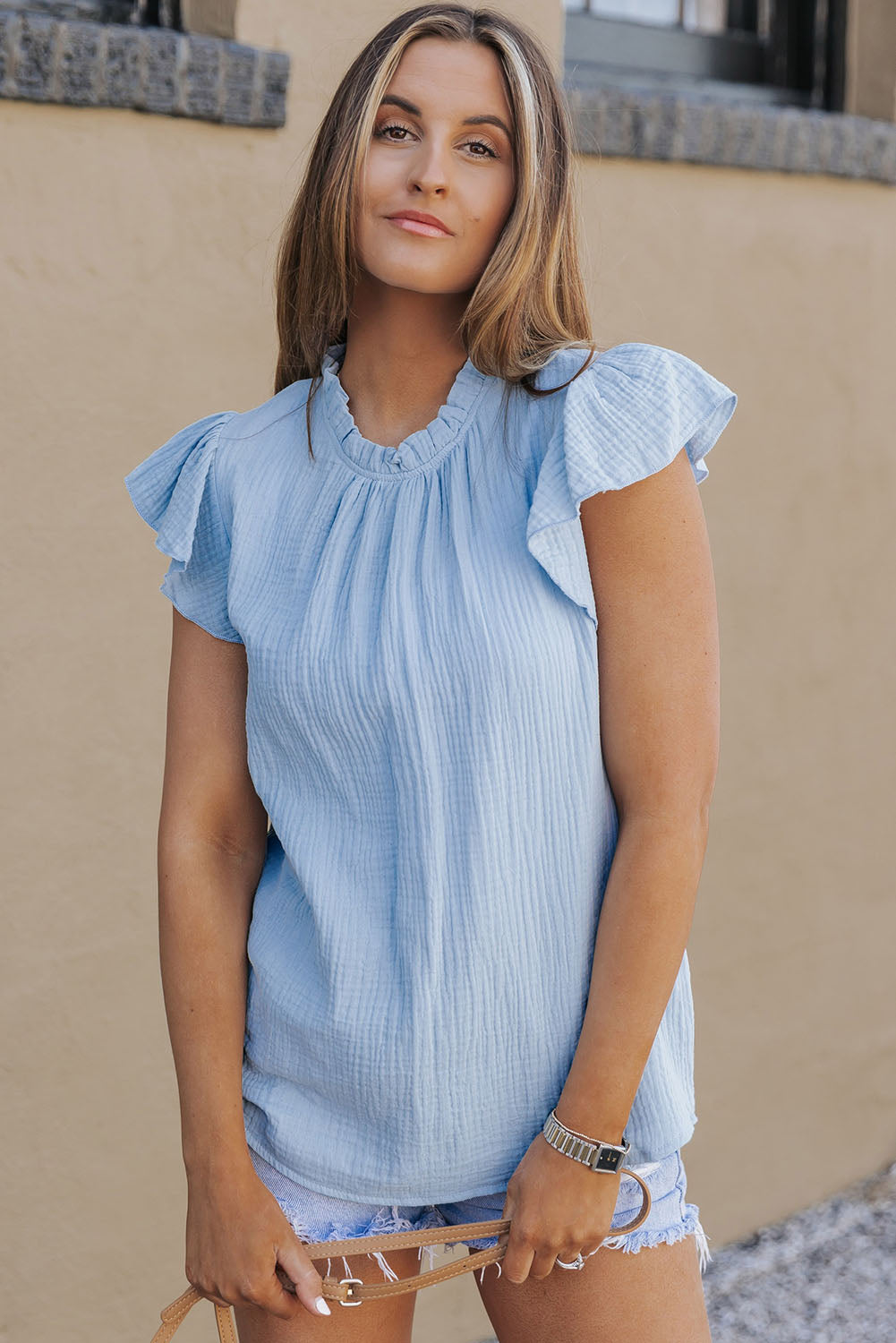 Flutter Sleeve Frilled Neck Textured Blouse | Sky Blue