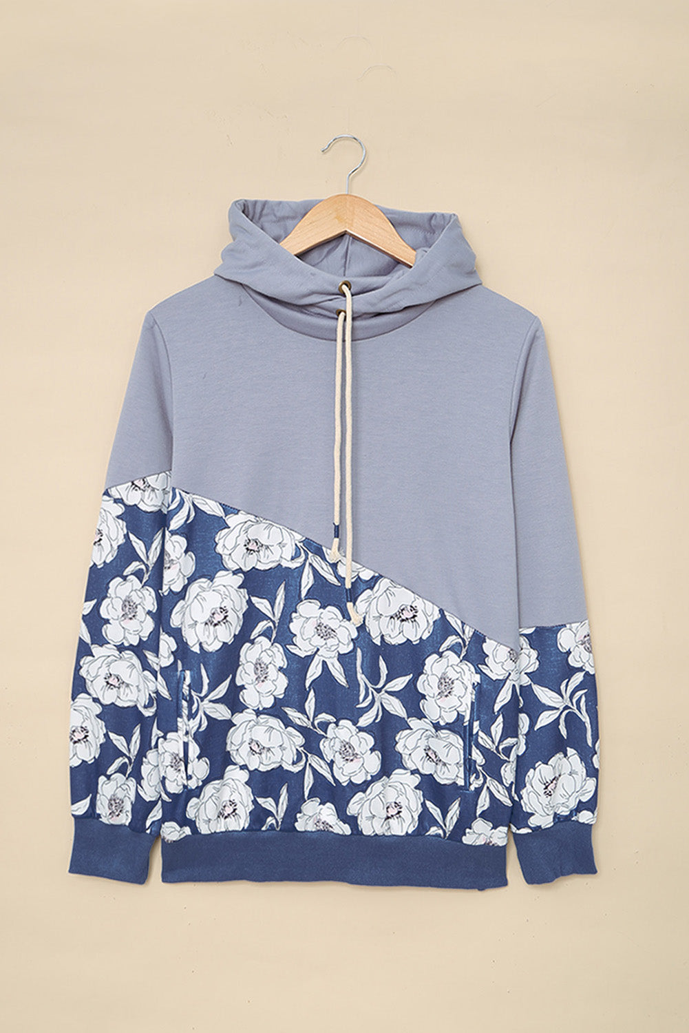 Floral Splicing Cowl Neck Hoodie | Gray