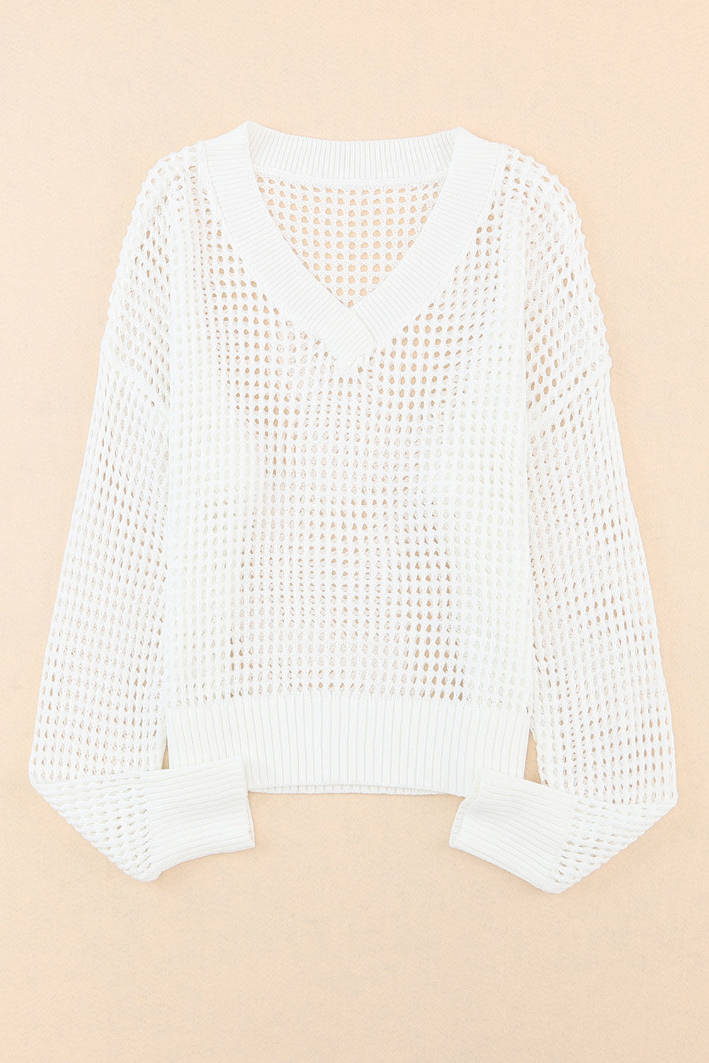 Hollow Out Knitted Loose Fit V Neck Sweater | White