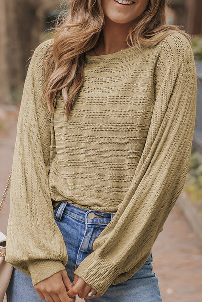 Lantern Sleeve Eyelets Textured Knit Sweater | Apricot