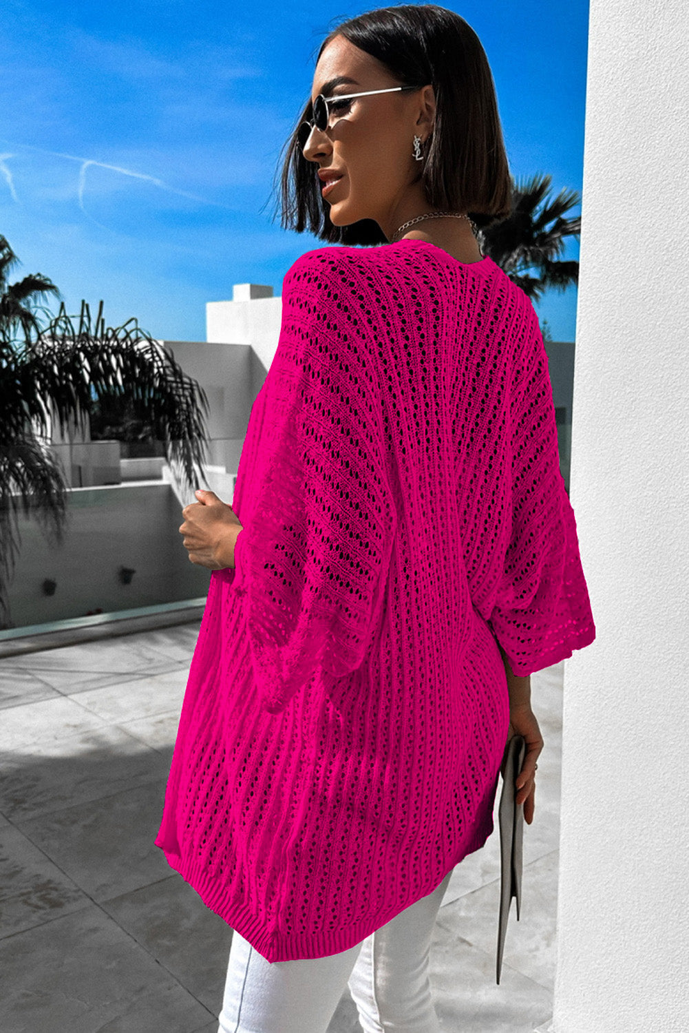 Hollow-Out Bracelet Sleeve Knit Cardigan | Rose