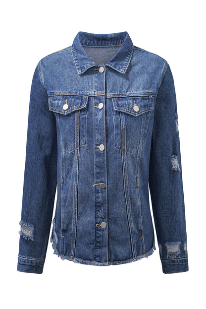 Lapel Distressed Raw Hem Buttons Denim Jacket | Blue