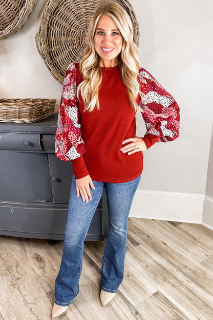 Contrast Mixed Animal Print Lantern Sleeve Patchwork Top | Fiery Red