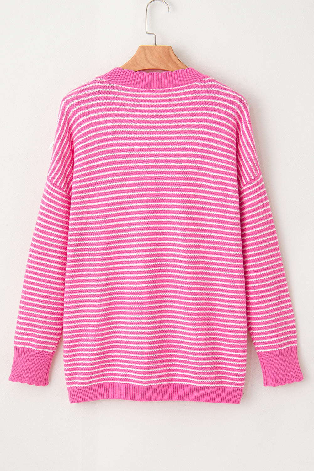 Striped Scallop V Neck Loose Sweater With Slits | Pink