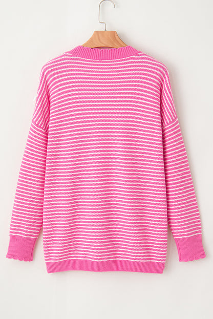 Striped Scallop V Neck Loose Sweater With Slits | Pink