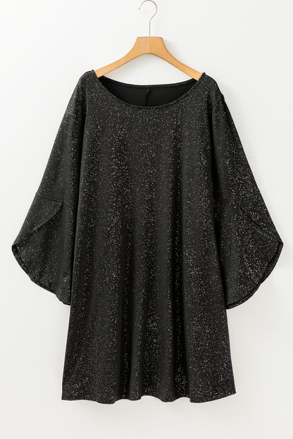 Plus Size Glitter Metallic Bell Sleeve Round Neck Mini Dress | Black