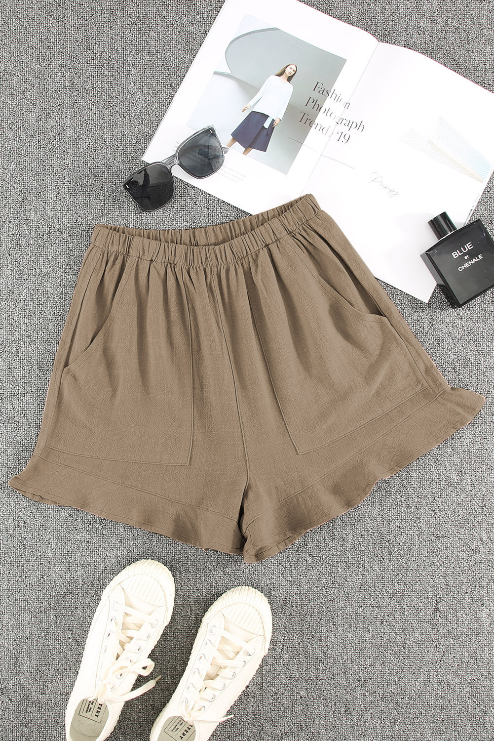 High Waist Pocketed Ruffle Shorts | Khaki