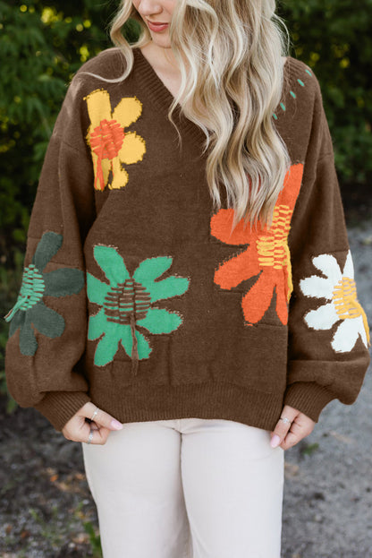 Big Flower Pattern V Neck Drop Shoulder Sweater | Coffee