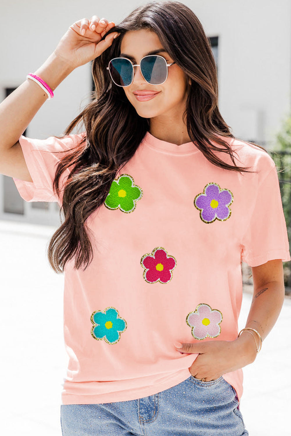 Glittering Chenille Flower Patched Pattern Crewneck T Shirt | Pink