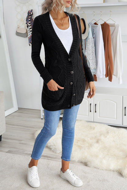 Front Pocket And Buttons Closure Cardigan | Black