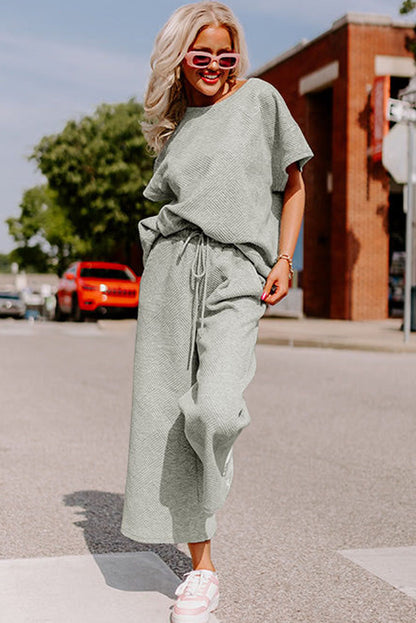 Textured Loose Fit T Shirt And Drawstring Pants Set | Gray