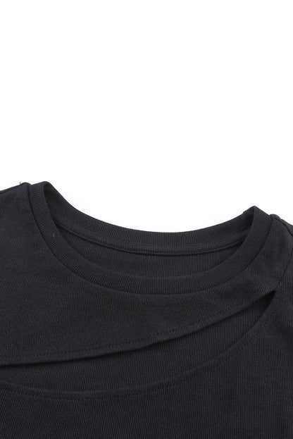 Slash Cutout Cap Sleeve T Shirt | Black