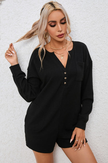 Brushed Ribbed Button Split V Neck Long Sleeve Romper | Black