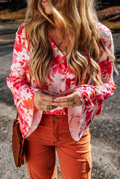 Floral Print Tiered Bell Long Sleeve Buttoned Bodysuit | Pink