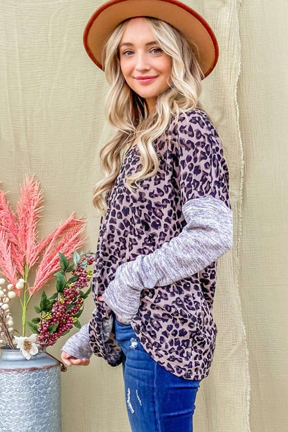 Print Drop Shoulder Patchwork Sleeve Top | Leopard