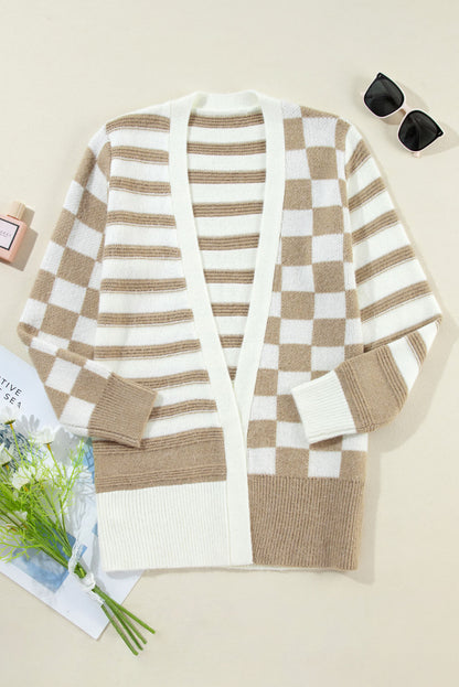 Gingham Striped Knitted Open Front Cardigan | Smoke Gray